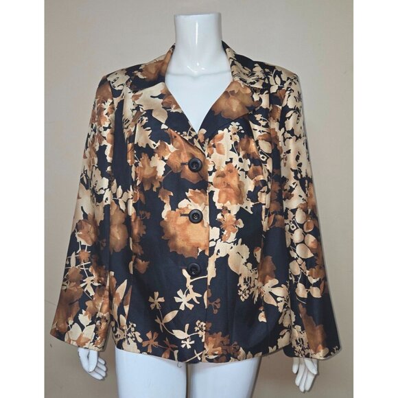Le Suit Floral Black Brown Blazer Jacket Fully Lined Women Size 18 W - Picture 2 of 7
